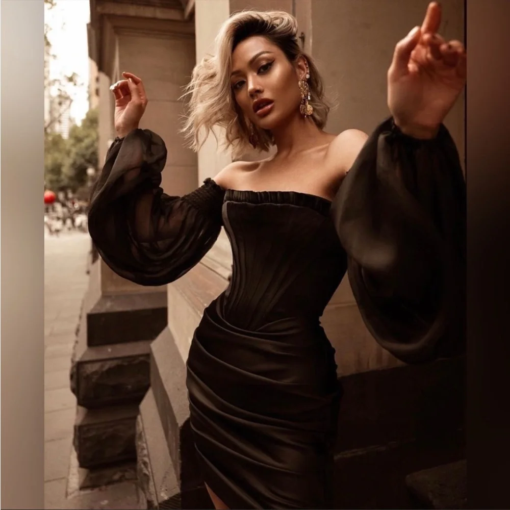 House of CB ‘Beau’ Black Satin and Chiffon Corset Dress NWOT - Picture 5 of 14